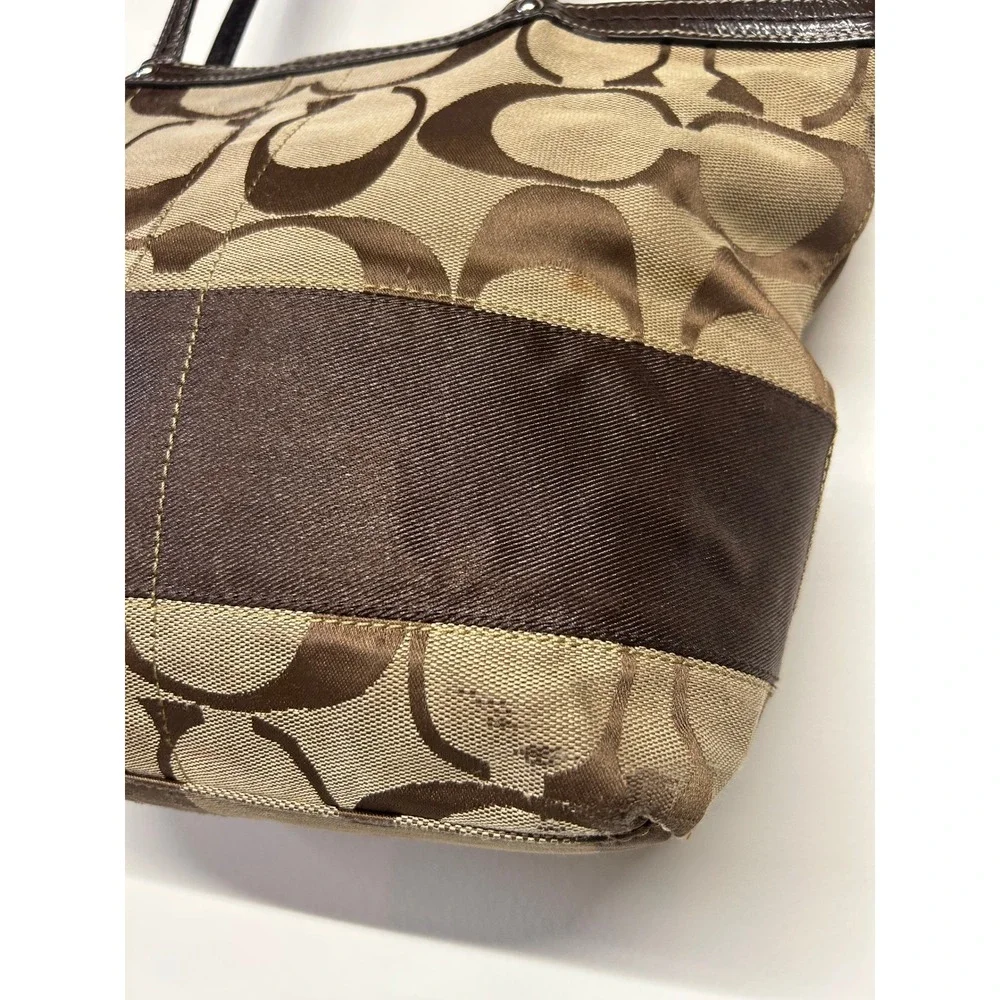 Coach Signature Canvas Tote Brown Tan Leather Trim Shoulder Bag - Picture 3 of 12